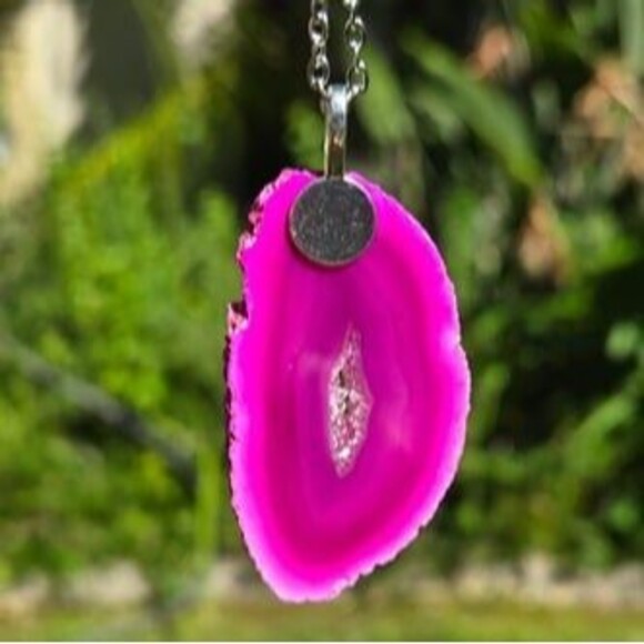Pink Agate Druzy Cat Crescent Moon Charm Crystal Pendant - Picture 3 of 4